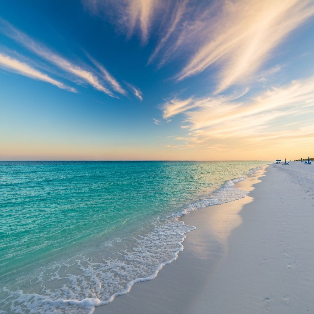 Beautiful Panama City Beach shoreline at golden hour with turquoise Gulf waters and white sand